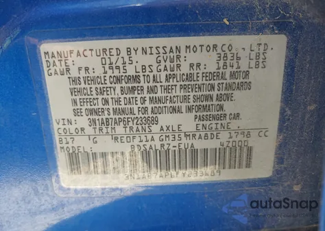 2015 Nissan Sentra Sr from USA, damaged, VIN 3N1AB7AP6FY233689